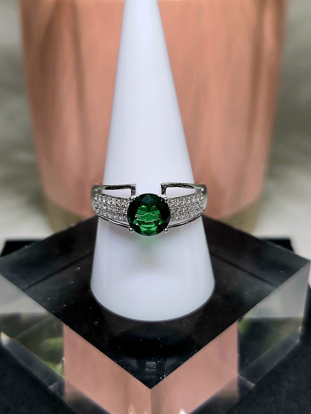 Elegant Silver Ring with Green Moissanite Center Stone